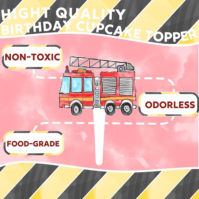 36 Pcs Firetruck Cupcake Toppers - Fireman Party Decorations - Perfect for Firetruck Birthday, Fireman Baby Shower and Fire Truck Cake Decor