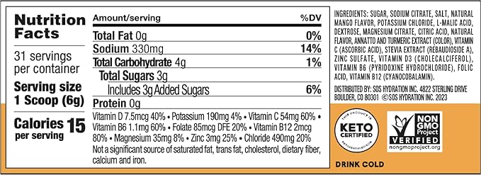 SOS Hydration Electrolyte Drink Mix (31 Servings) ??Low Sugar, 15 Calorie, Keto-Friendly & Rapid Rehydration (31 Servings, Mango)