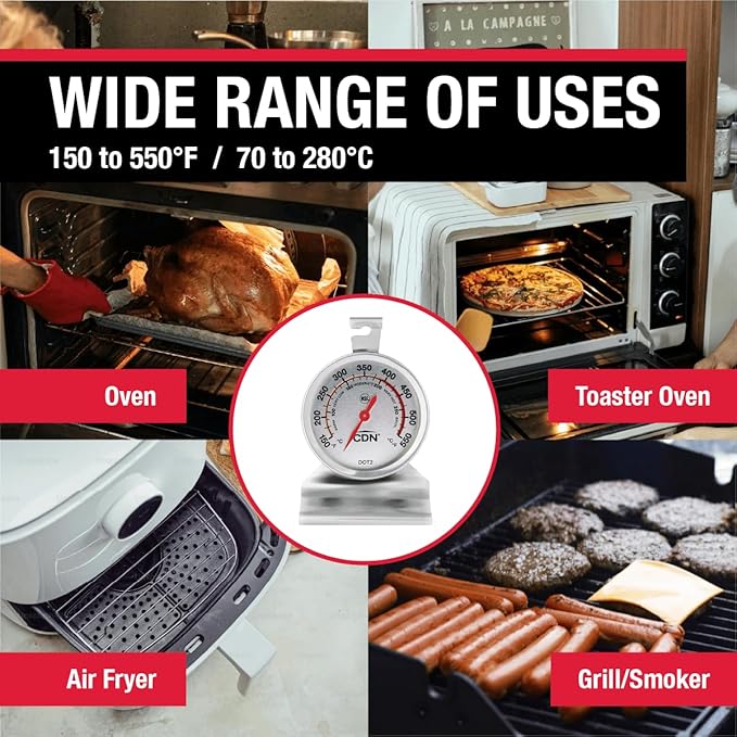 "CDN Oven Thermometer ProAccurate®, Easy-to-Read 2"" Dial, Stainless Steel Housing, Temperature Zones, Stand or Hang, Monitor Oven Temperatures, NSF Certified - DOT2 "