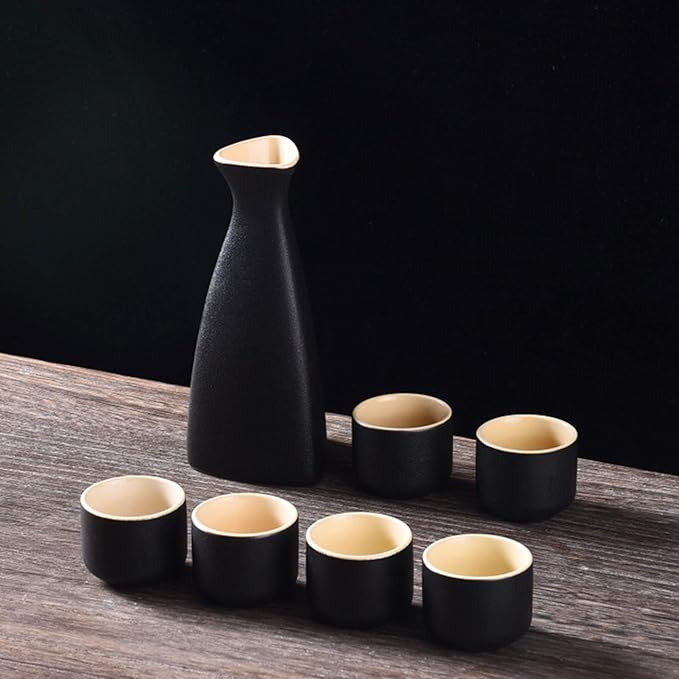 Japanese Sake Set, Traditional Black Ceramics Sake Sets 1 Pot and 6 Cups