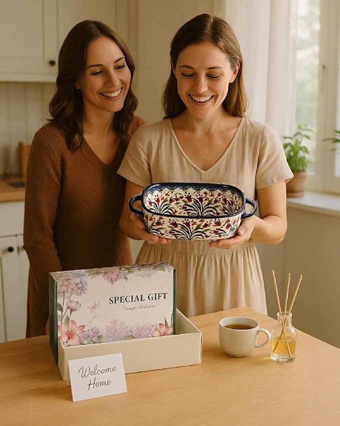 Ceramic Baking Dish Set of 2 ??Decorative Polish Pottery Style Casserole Dishes with Handles, Cute Oven-Safe Lasagna Bakeware Gift Set