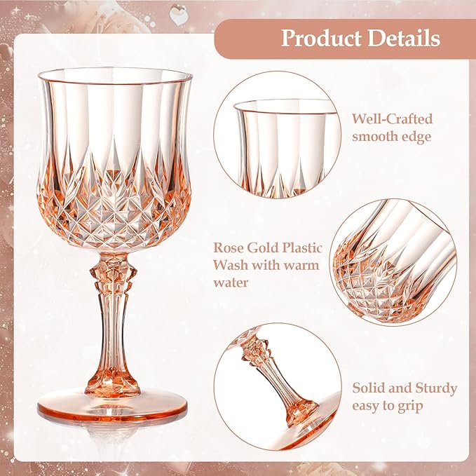 XUWAIDSGN 7oz Plastic Vintage Wine Glasses Drinking Glasses Unbreakable Wedding Glassware Crystal Water Goblets Reusable Drinkware Vintage Champagne Flutes (48, Pink)