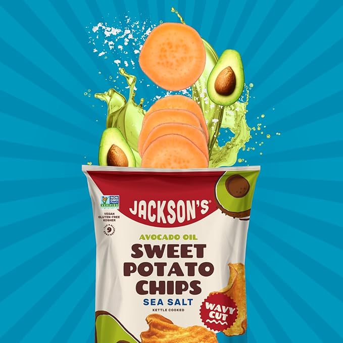 Jackson???Wavy Sweet Potato Kettle Chips - with Sea Salt made with Premium Avocado Oil (5 oz, Pack of 7) - Allergen-friendly, Gluten Free, Peanut Free, Vegan, Paleo Friendly - Shark Tank Product
