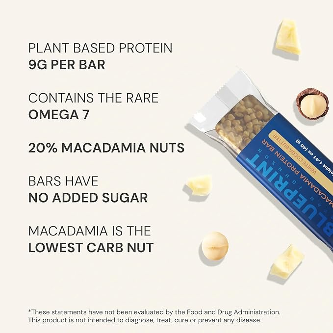 Blueprint by Bryan Johnson Macadamia Nut Protein Bars ??9G Plant Protein ??Vegan, Low Carb, Low Sugar, Keto-Friendly Snacks - Non-GMO, Raw Nut Bar, Natural Ingredients (White Cocoa - 12 Pack)