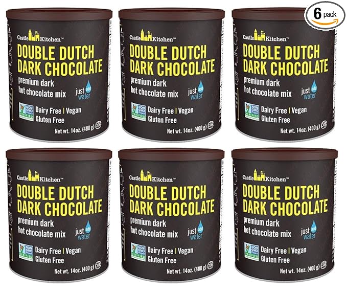 Castle Kitchen Double Decadent Dark Hot Chocolate (6 Pack) Premium Plant Based, Dairy Free, Gluten-Free, Vegan Hot Coca Mix - Just Add Water - 14 oz Can (84 total Ounces)