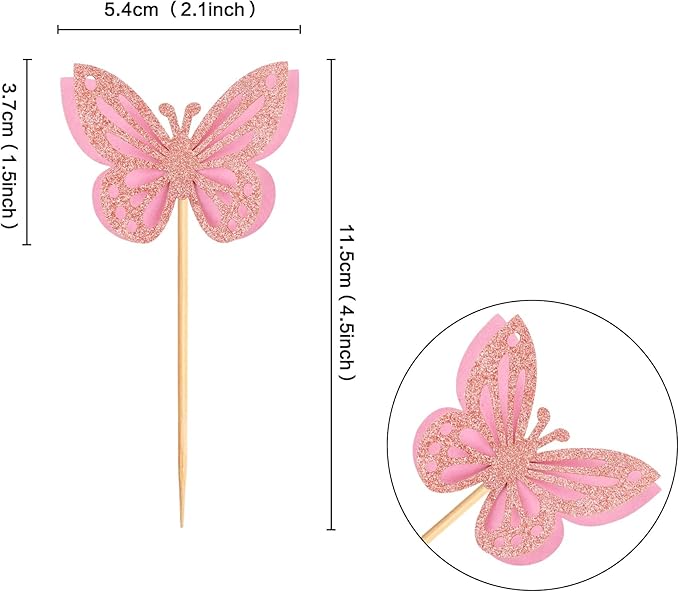 24PCS Butterfly Cupcake Toppers 3D Double Layers Hollow Cupcake Picks Baby Shower Cake Decorations Supplies for Butterfly Theme Wedding Anniversary Baby Shower Party Pink