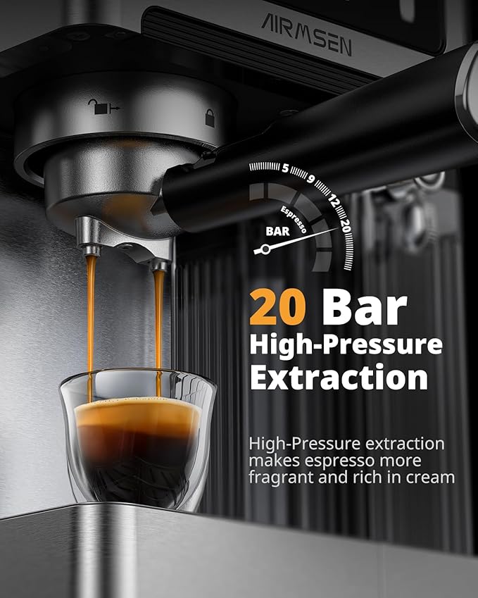 AIRMSEN 20 Bar Espresso Machine with Automatic Milk Frother, Cappuccino & Latte Coffee Maker with Quick Brew Dual Boiler (1350W + 1000W), Stainless Steel, 60oz Water Tank, Touchscreen