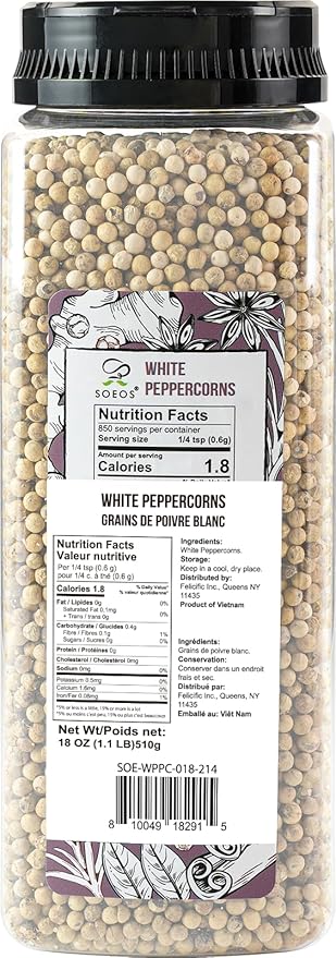 Soeos White Peppercorns, 18oz (Pack of 1), Non-GMO, Kosher, Packed to Keep Peppers Fresh, Peppercorn for Grinder Refill, Whole Peppercorns