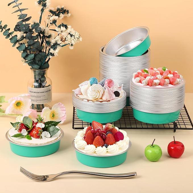 Beasea Disposable Baking Cups, 100 Pack 7.3oz 215ml Aluminum Ramekins Foil Baking Cups 4" Ramekin Cup Cupcake Aluminum Mini Baking Cups No Lids for Party - Elegant Blue