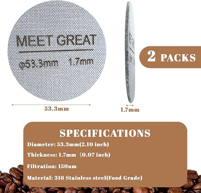 Meet Great- 2 Packs 53.3mm Espresso Puck Screen, 1.7mm Thickness 150?œm 316L Stainless Steel, Upgraded Reusable Coffee Filter Screen for 54mm Breville Portafilter Filter Basket
