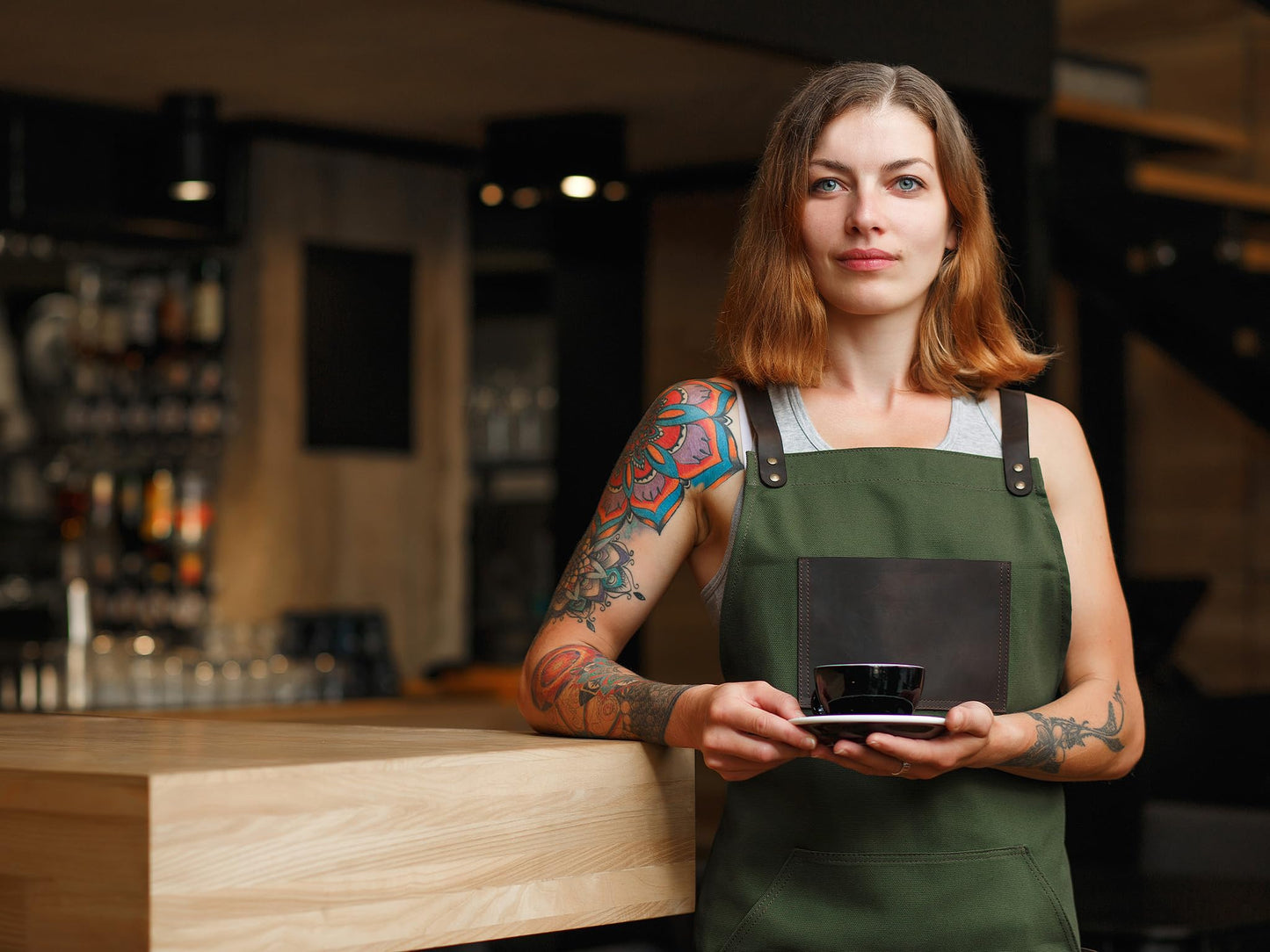Black Apron in Canvas and Leather for Chef Work Bartender Barista Barber Shop Grill Master olpr.