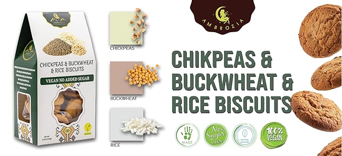 Ambrozia Vegan Snack Biscuits ??Chickpeas, Buckwheat &Rice - Soft Baked, No Added Sugar, Clean Label, High Fiber & Wholesome Ingredients, Kid-Friendly, Healthy Snacks for Active Lifestyles, 4 x 4.58Oz