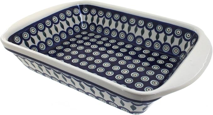 Blue Rose Polish Pottery - Blue Peacock Large Rectangular Baker with Handles - 9" x 6.5" - Unique, Dishwasher Safe, & Durable Bakeware