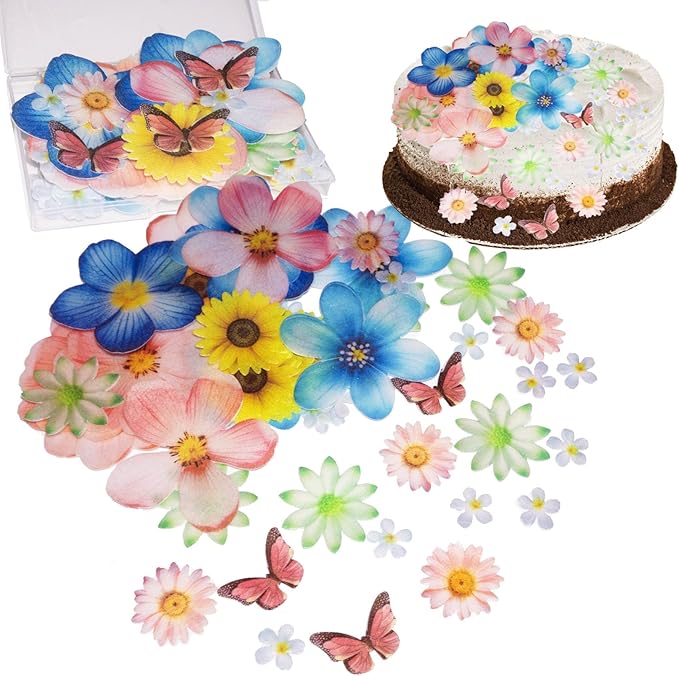 55pcs Edible Flower Butterflies Cake Toppers Cupcake Toppers Wafer Paper Cake Decorations for Themed Party Wedding Bridal Shower Birthday Decorations