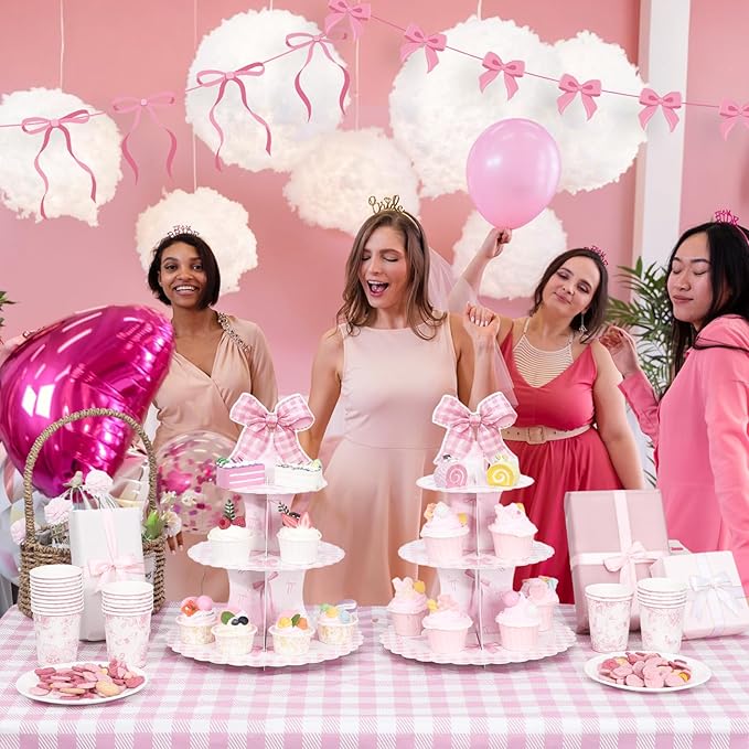 2 Pack Pink Bow Birthday Decorations Bow Cupcake Stand Coquette Theme Birthday Decorations for Women Girls Bachelorette Bridal Engagement Wedding Baby Shower Supplies