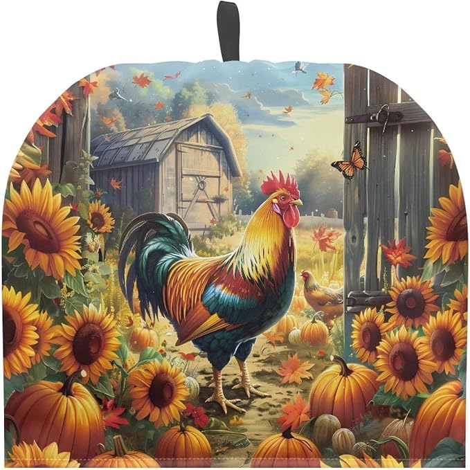 Rooster and Pumpkin Tea Cosy for Teapot Washable Tea Pot Cozy for Keeping Warm,Reusable Scratch Proof Kettle Cover for Breakfast Warmer
