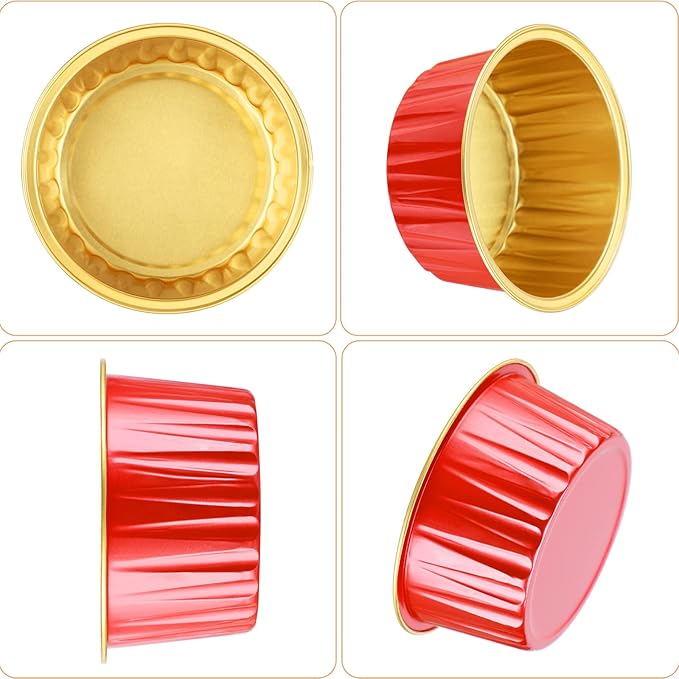 EUSOAR Dessert Cups with Lids, 30pcs 5oz Disposable Aluminum Tin Foil Ramekins Cupcake Baking Cups Containers Wrappers with Lids, Mini Aluminum Cheesecake Pan Creme Brulee Ramekins-Red+Gold