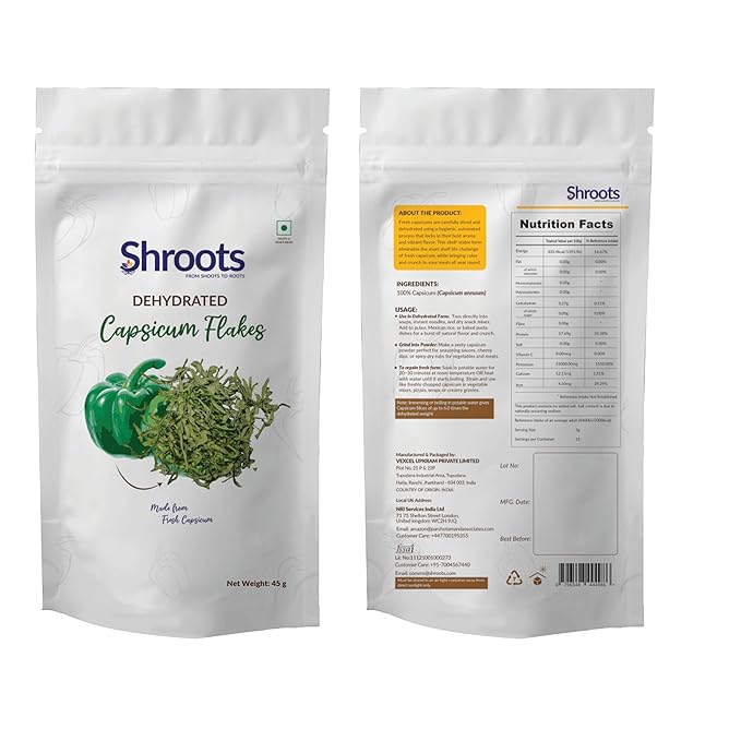 SHROOTS Green Dehydrated Bell Pepper Flakes ??Dried Capsicum Vegetable for for Soup Mix, Kosher, Gluten Free, Non GMO Everyday Cooking Essentials Emergency Food Supply No Added Salt, Camping & Hiking Meals, 1.59 oz, Pack of 1