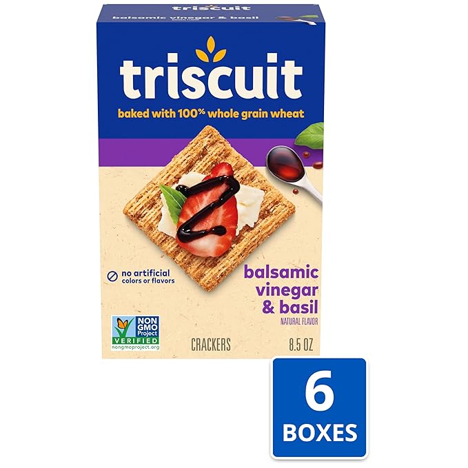 Triscuit Balsamic Vinegar & Basil Whole Grain Wheat Crackers, Lunch Snacks, Bulk Snack Crackers, 6 - 8.5 oz Boxes