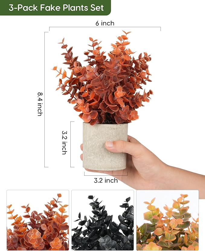 Velener 3 PCS Small Fake Eucalyptus Plant Artificial Potted Plants Indoor for Desk, Shelf, Home Decor Realistic Faux Plant for Office, Bathroom, Living Room Decoration (Fall Green/Orange/Black)