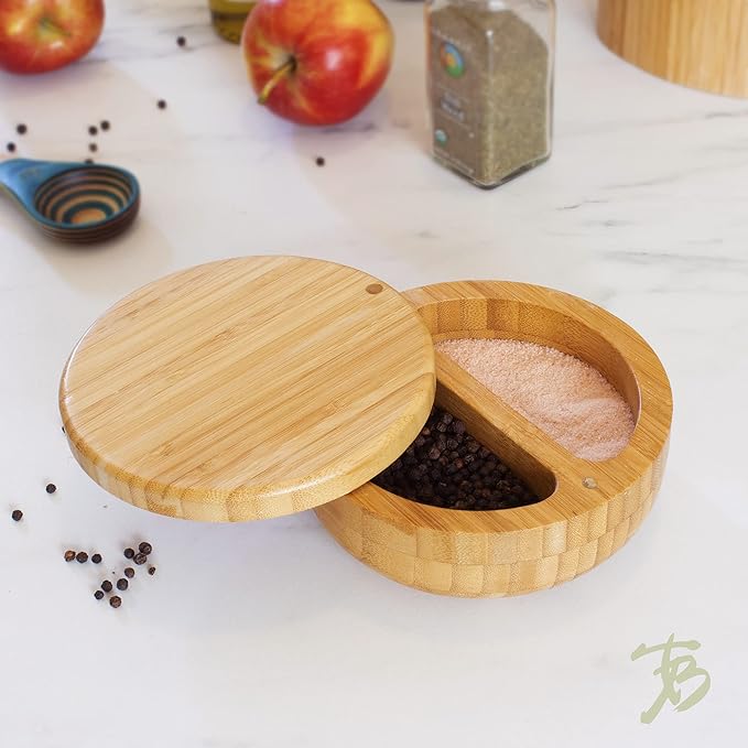 Totally Bamboo Salt Keeper Duet Salt and Pepper Bowl, Cellar and Storage Box with Two Compartments, Magnetic Swivel Lid