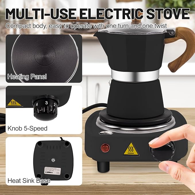 2-in-1 Moka Pot Espresso Set with Electric Stove 3 Cup Aluminum Stovetop Coffee Maker Percolator Italian Classic Mocha Coffee Machine for Italian and Cuban Cafe Brewing Portable Camping Black