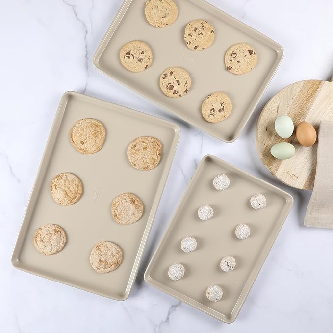 Martha Stewart Gallen 3-Piece Cookie Sheet Set ??13", 15", 17" Baking Pans, Ceramic Nonstick, PFA-Free, Carbon Steel ??Oven Safe to 450°F, Warp-Resistant, Easy to Clean - Taupe