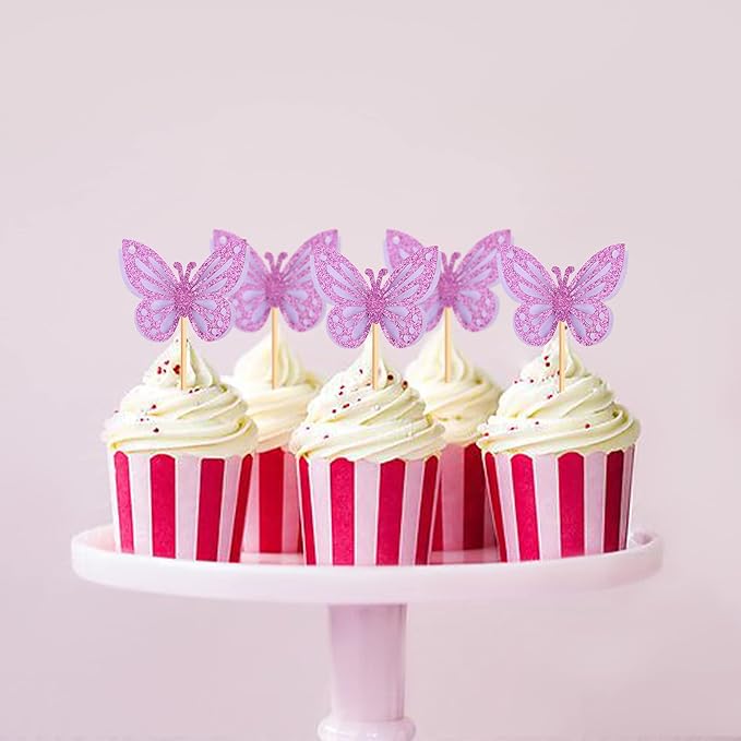 36PCS Butterfly Cupcake Toppers 3D Double Layers Hollow Cupcake Picks Baby Shower Cake Decorations Supplies for Butterfly Theme Wedding Anniversary Kids Birthday Party Purple