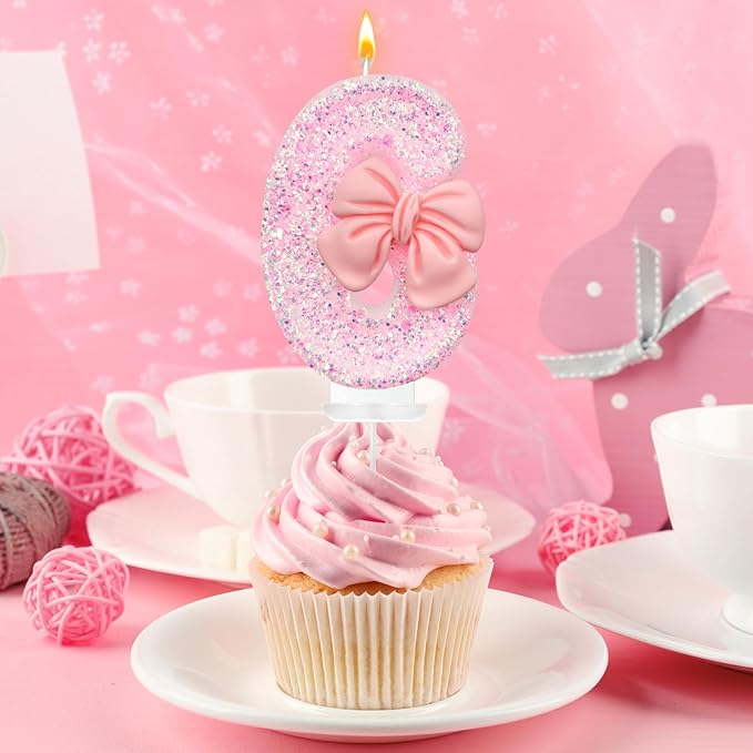 Birthday Cake Candles, Pink Glitter with Bow Cake Candles, Birthday Party Cake Toppers, Cute Birthday Candle Decorations (6)