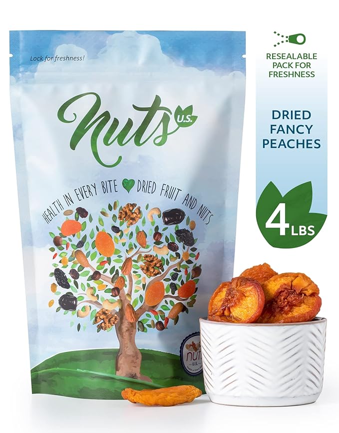 NUTS U.S. - Dried Fancy Peaches | Natural Snack | Fruity Aroma| No Added Sugar and Non GMO | Vegan and Gluten Free | Packed in a Resealable Bag!!! (4 LBS)