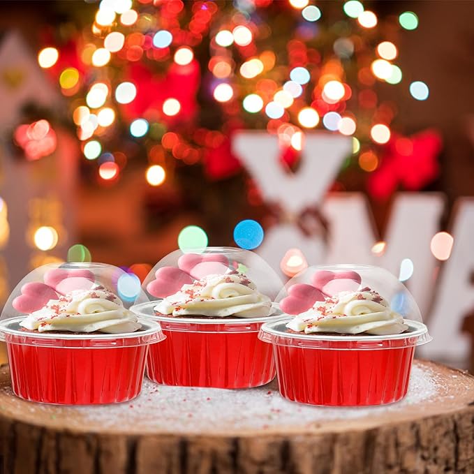 Red Cupcake Liners Muffin Tins 50 Pack,Free-Air 5oz Aluminum Foil Baking Cups with Lids,Disposable Ramekins Cupcake Pans,Jumbo Muffin Liners Cupcake Cups for Custard Mini Pie,with 50 Spoons-Red