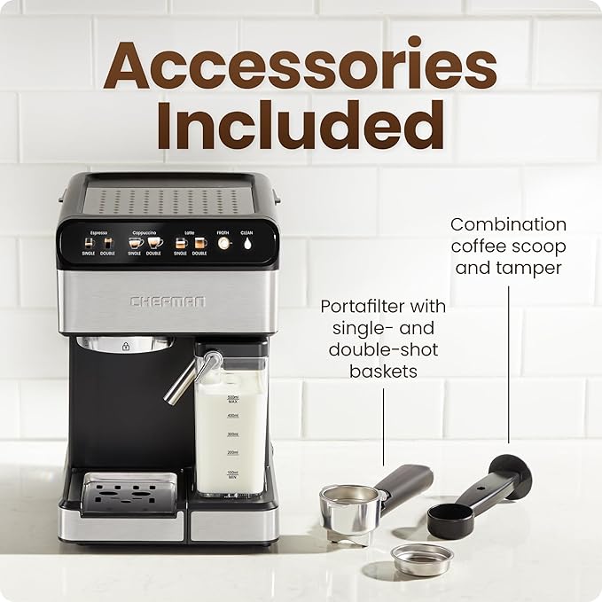 Chefman Caf챕Master Pro Espresso Machine, Brew Single or Double Shots, Coffee Maker with Built-In Milk Frother for Cappuccino & Latte, XL 1.8 Liter Removable Water Reservoir - Stainless Steel