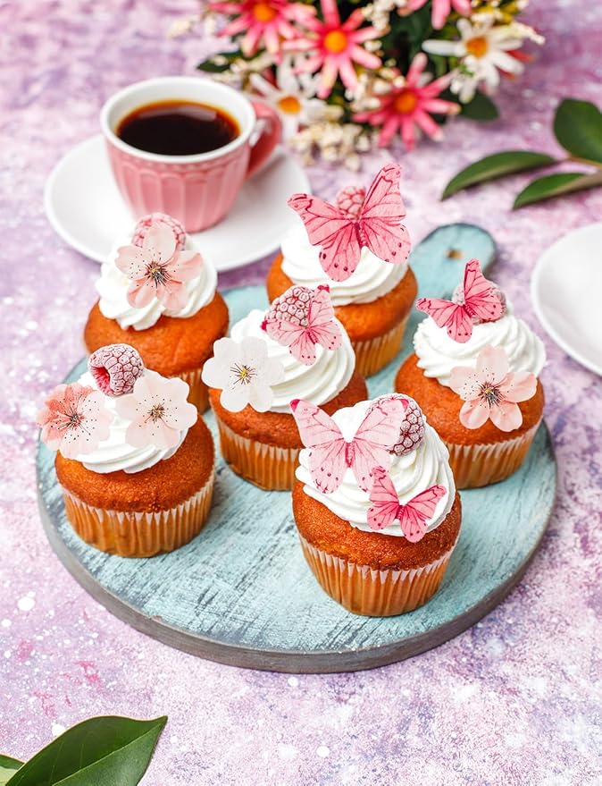 90PCS Wafer Paper Flowers Butterfly Cupcake Toppers, Cherry Blossom Cake Topper for Baby Shower Wedding Birthday Party Cake Food Decorations Supplie