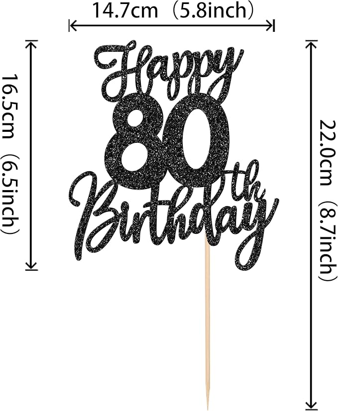 1 PCS Happy 80th Birthday Cake Topper Glitter Cheers to 80 Years Birthday Cake Pick Eighty Hello 80 Fabulous Cake Decoration for Happy 80th Birthday Anniversary Party Decorations Supplies Black