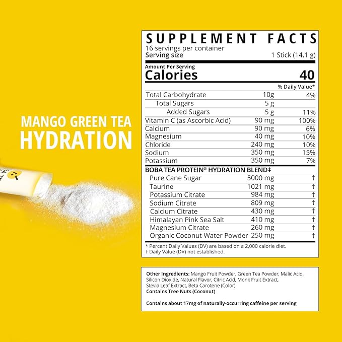 Boba Tea Hydration | Electrolyte Powder Drink Mix | Mango Green Tea | 1000mg Electrolytes, Vitamin C | 16 Stick Packets