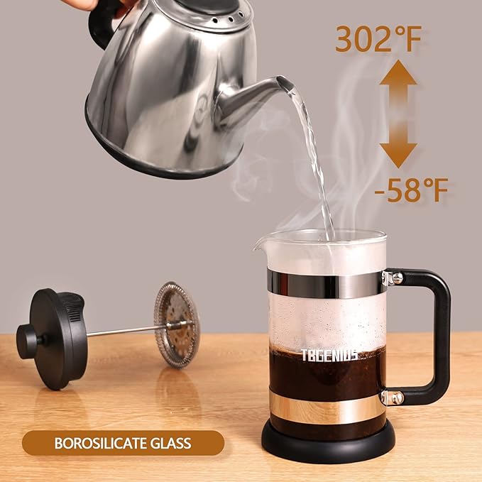 French Press Coffee Maker 21 oz, Cold Brew Heat Resistant Thickened Borosilicate Coffee Pot, Coffee Presses 600 ml, Tea and Frothed Milk Press (Blackç«?1Ounce)