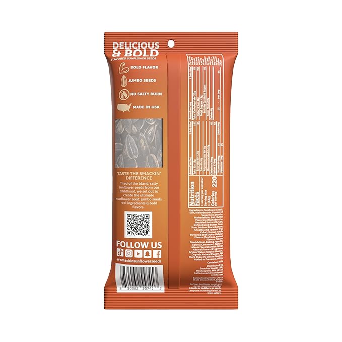 SMACKIN' Sunflower Seeds, Roasted Jumbo Small-Batch, American Made - Maple Brown Sugar. 1.5oz bags (36 Pack)