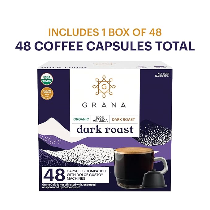 G GRANA Dark Roast USDA Organic Dolce Gusto Compatible Coffee Pods, 100% Arabica Single Source Specialty Coffee, 48 Single Serve Pods