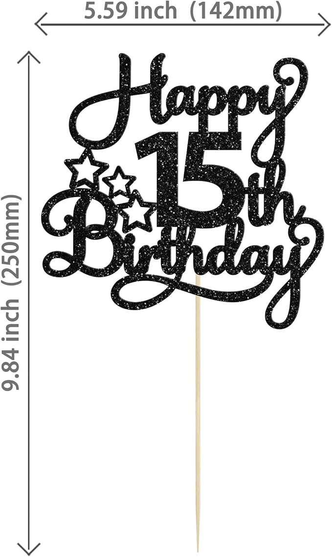1 Pack Happy 15th Birthday Cake Topper Black Glitter Mis Quince 15 Cheers to 15 Years Old Birthday Cake Pick for Celebrating 15th Birthday Anniversary Party Cake Decorations Supplies