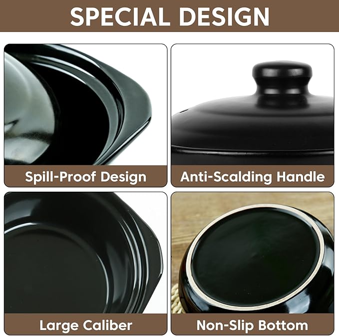 Ceramic Pots with Lid Cookware StockPot Clay Pot for Cooking (Black, 1.9 Quart)