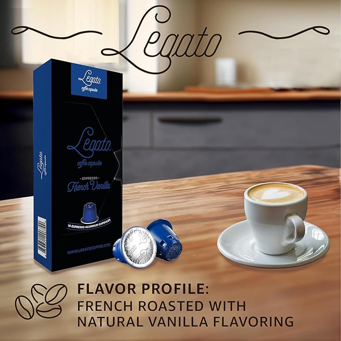 Legato Espresso Capsules - 10/100 count - Single-Serve Coffee Pods - Compatible with Nespresso OriginalLine Machine - Cafe-style Coffee at Home (10, French Vanilla Strength 5)