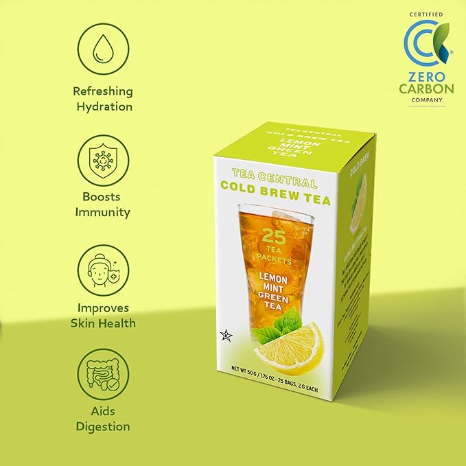Life Plus Style Gourmet TEA CENTRAL Lemon Mint Green Tea Organic Ceylon Iced Green Tea Lemon Iced Drink Peppermint Cold Brew Tea Bags Refreshing Natural Flavored Wellness Tea Beverages 25 Tea Bags