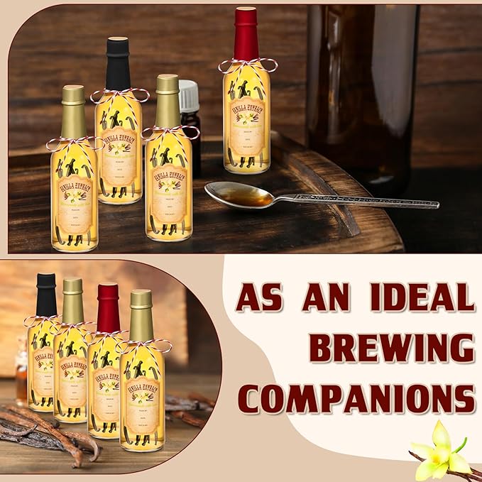 Tioncy 16 Pcs Vanilla Extract Bottles for Homemade Vanilla Jar Glass Bottle with Cap, Shrink Band, Sticker Syrup Gift Food Storage Canister for Bean Sauce Spice(Black, Red, Gold,8.5 oz)