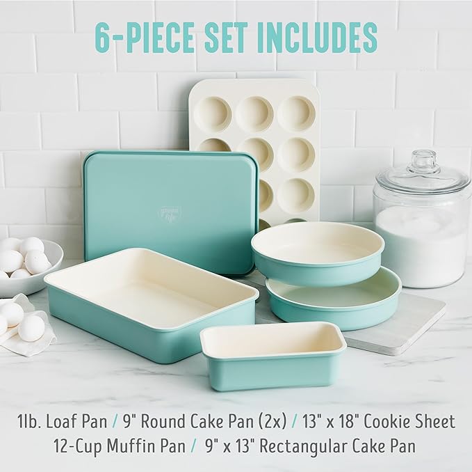 GreenLife 6 Piece Nonstick Bakeware Set, Non-Toxic PFAS-Free Ceramic Oven Pans, Dishwasher & Oven Safe to 450°F, Easy Release Baking Sheet, Loaf Pan, Rectangle & Round Cake, Muffin Pan, Turquoise