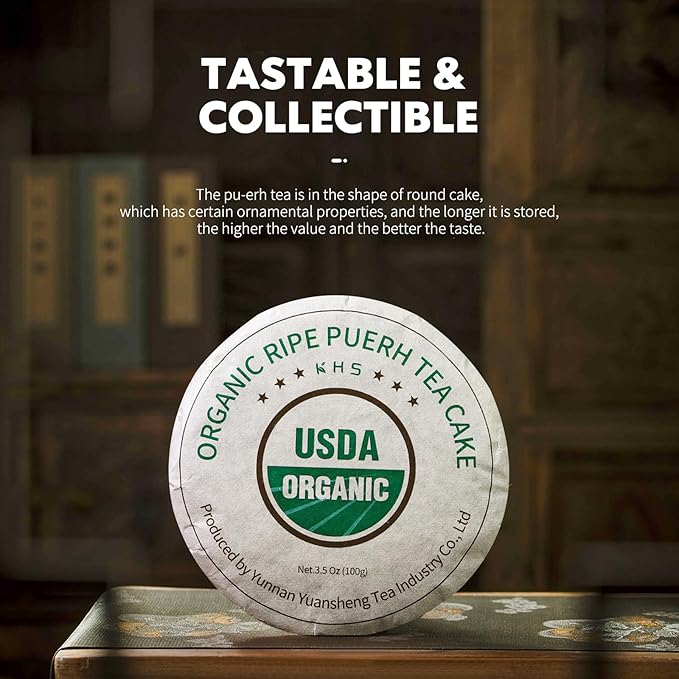 KHS Organic Ripe Pu Erh Tea Cake, 3.53 Oz USDA Certified Organic Puerh Tea Cake, No Dust Production Workshop, Aged Chinese Yunnan Ancient Tree Pu'erh, Woody, Deep Earthy Flavor