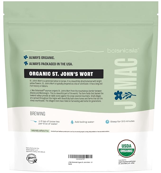 J Mac Botanicals, Organic St John's Wort (16 oz) Hypericum perforatum Loose Leaf Herbal Tea