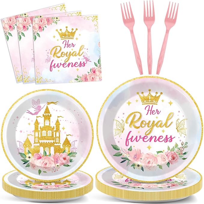 96Pcs Princess 5th Birthday Plates and Napkins Her Royal Fiveness Decorations Princess Party Dessert Plates Rainbow Castle Tableware for 24 Guests 5th Theme Girl Baby Shower Party Supplies