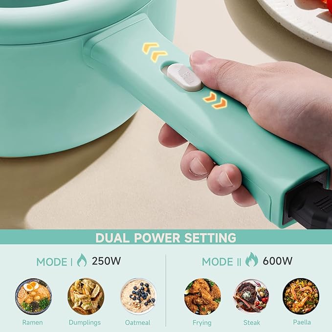 Dezin Electric Cooker, 2L Non-Stick Saut챕 Pan, Rapid Noodles Cooker, Mini Pot for Steak, Egg, Fried Rice, Ramen, Oatmeal, Soup with Power Adjustment, College Dorm Room Essential