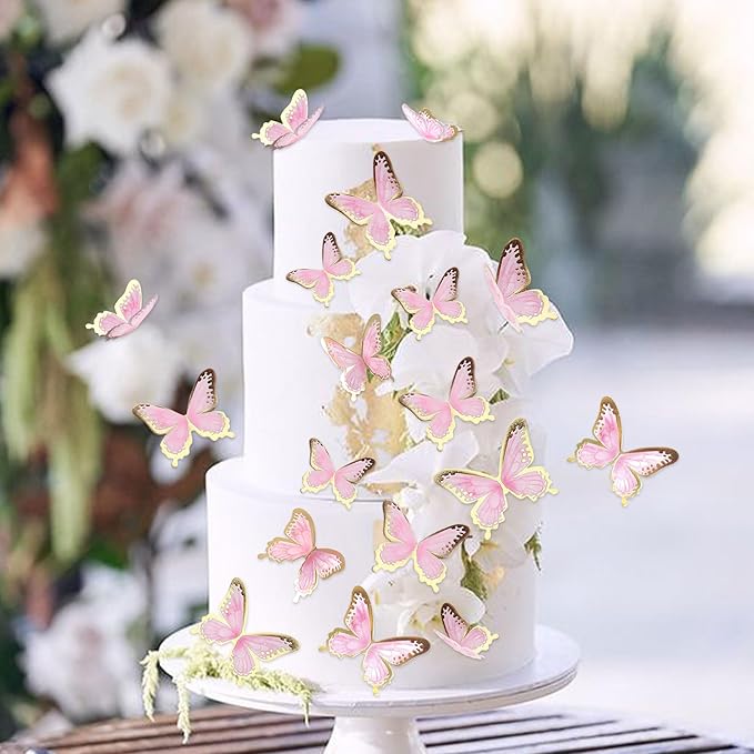 30pcs Pink Gold Edge Mixed Size Lively 3D Waterproof Swllowtail Butterfly Cupcake Topper for Girls Women's Happy Birthday Wedding Party Cake Wall Party Food Decorations