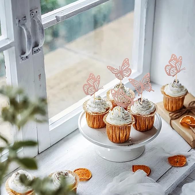 Rsstarxi 24 Pack Butterfly Cupcake Toppers Glitter Assembled Butterfly Baby Shower Cupcake Picks for Wedding Engagement Bridal Shower Kids Birthday Party Cake Decorations Supplies Rose Gold